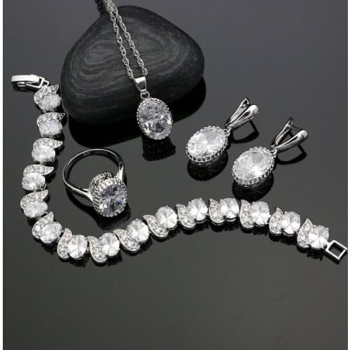 Silver 925 Bridal Jewelry Sets White Crystal Stone For Women Anniversary Ring/Pendant/Bracelet/Earrings/Necklace Set