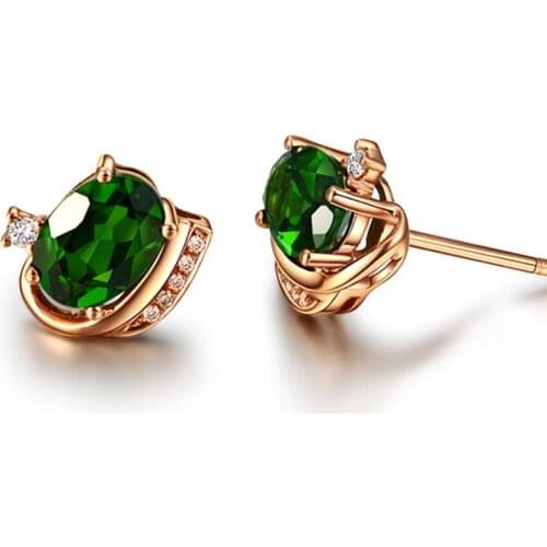 Rose Gold Color Oval Shape Section Green Crystal Stud Earrings for Women Fashion Jewelry