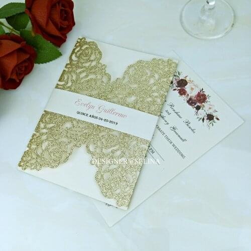 Champagne Glittery Flower Print Wedding Invitation with Belly Belt and Envelope Blue Gold Silver Red Quince Invites 50PC