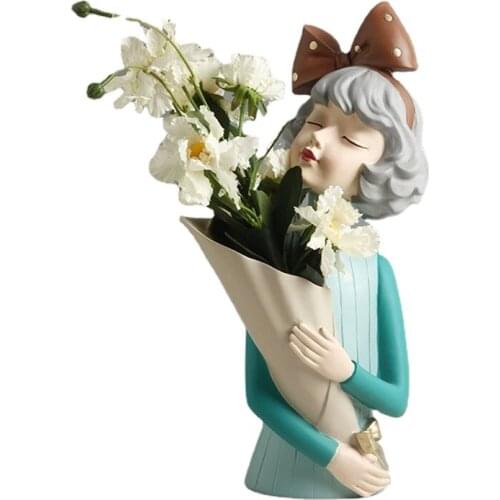 Modern human statue sculpture bubble girl resin vase decoration birthday gift home decor flower vase bowknot girl resin crafts
