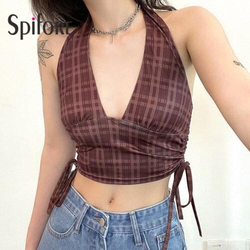 Spifore Plaid Crop Top Brown 2021 Summer Halter Ruched Drawstring Women Clothes Party Club Backless Sexy Tank Tops