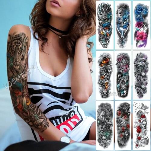 Big Arm Sleeve Tattoo Lion Tiger Waterproof Temporary Tattoo Sticker Flame Warrior Man Full Skull Flower Tattoo Body Art Women