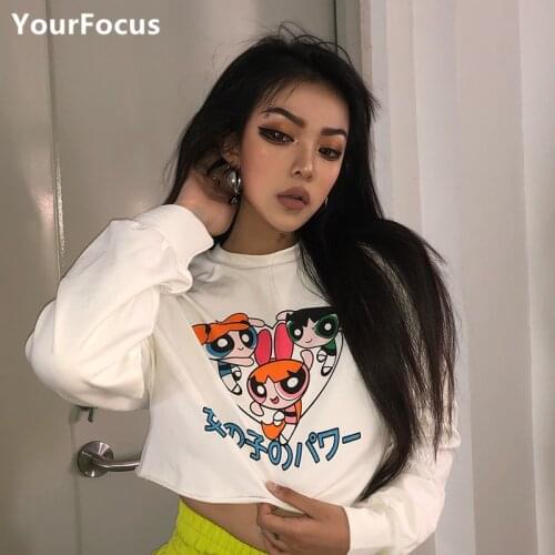 Streetwear harajuku kpop kawaii hoodie cartoon Power Girls crop top sweatshirt short sweat femme