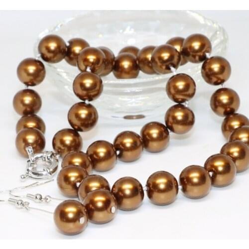 Vintage style bronze color simulated-pearl shell 12mm round beads necklace earrings new fashion women jewelry set 18inch B2337