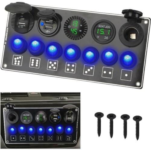 Waterproof 7 Gang Dual USB Socket Charger Car Switch Panel for Truck Boat RV ON-Off Rocker Toggle QC3.0 & PD Quick Charge