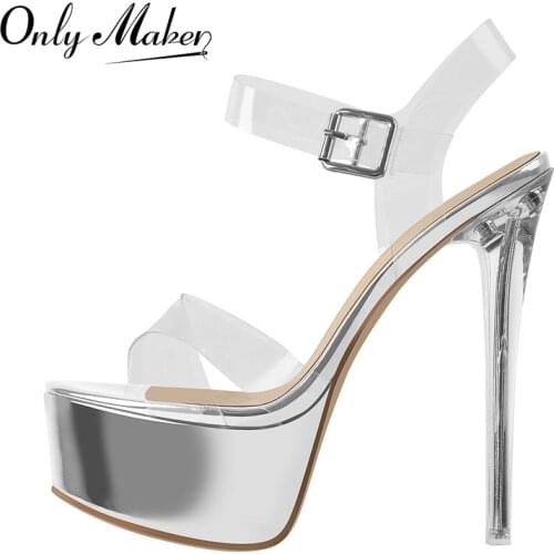 Onlymaker Summer Womens Platform Sandals Silver Gold Clear Metal High Heels Ankle Buckle Shoes PVC Band Concise Fashion Wedding