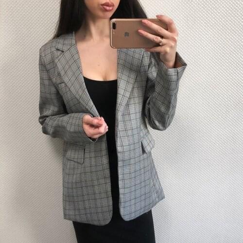 BGTEEVER Work Jacket Women Gray Plaid Office Lady Blazer Jacket Fashion Notched Collar Elegant Work Blazers Feminino