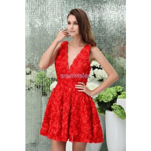 Prom dresses new short red flowers sexy plus size a-line womens formal V-neck party prom gown real pictures bridesmaid dresses