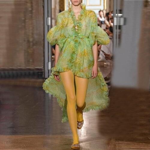 Vintage Puff Sleeve Floral Printed Dresses for Women 2021 Bohemian V-nevk Irregular Midi Dress Floral Chiffon Vestidos