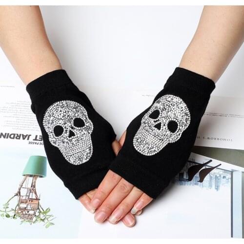 Winter Warm Touch Screen Half Finger Gloves Female Sexy Black Knit Driving Gloves Punk Skull Rhinestone Short Hip-hop Gloves
