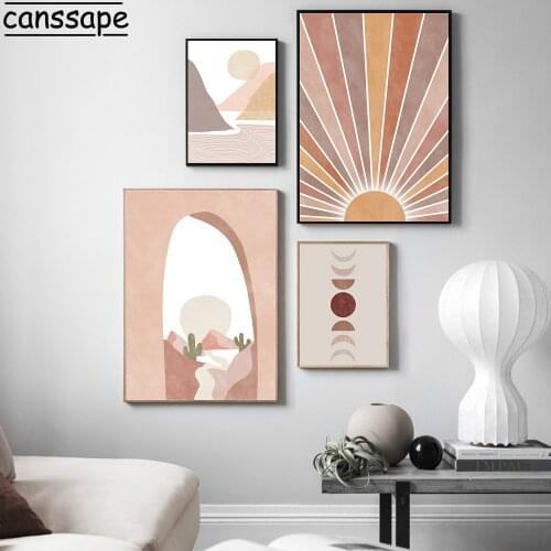 Beige Boho Wall Art Painting Abstract Sun Moon Canvas Print Poster Plant Landscape Poster Modern Wall Pictures Living Room Decor