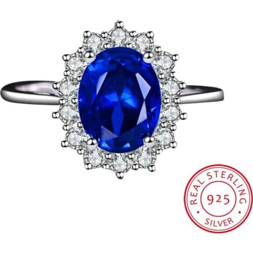 Big Oval Engagement Ring Vintage Female Natural Blue Sapphire Stone Ring Real Solid 925 Sterling Silver Wedding Rings For Women