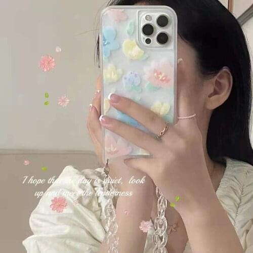 INS Light Watercolor Flower Matte Bracelet Phone Case For iPhone 12 11 Pro XS XR Max 7 8 Plus SE 2020 New Chain Shockproof Cover