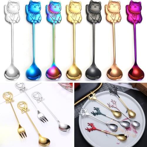 Dessert Spoon Cartoon Spoon Ice Cream Spoon Coffee Spoon Luck Cat Tableware Cute Luck Cat Coffee Stirring Spoon