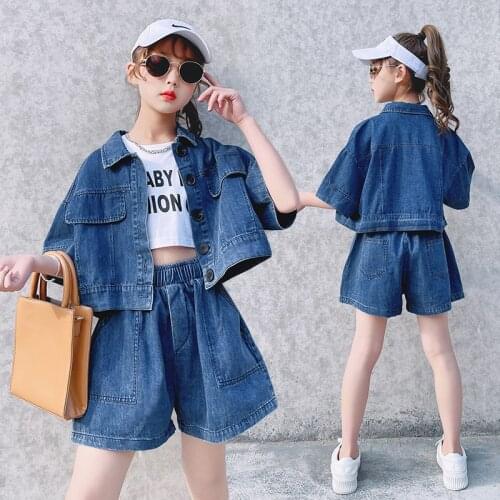 Girls Clothes Set Short sleeve jacket and Shorts Summer Clothes Fashion Denim Jeans Shorts Two-piece Teenage Jeans Set 4-12 Year