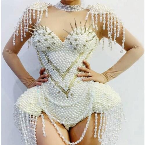 Luxurious Pearls Beading Bodysuit Jazz Dance Tassel Outfit Stage Performance Costume Prom Birthday Dress Women Singer Dance Wear
