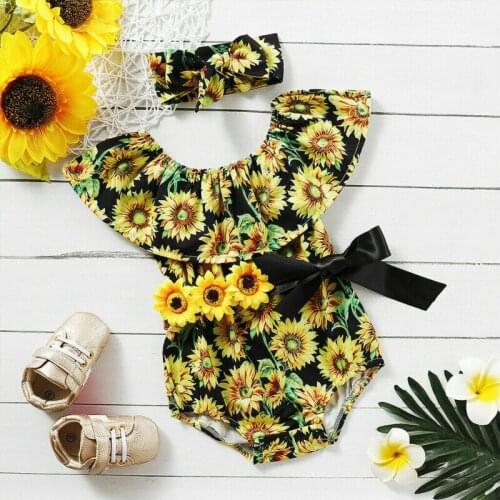 Newborn Baby Girl Jumpsuits Headband 2PCS Summer Clothes Sunflower Print Ruffles Sleeve Playsuits Outfits