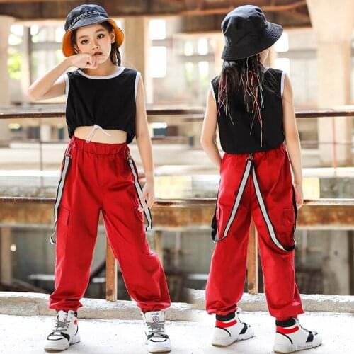 Girls' Hip Hop Clothes Summer Jazz Dance Costumes Crop Top Red Hip Hop Pants Overalls Modern Dance Drum Kids Street Wear BL5870