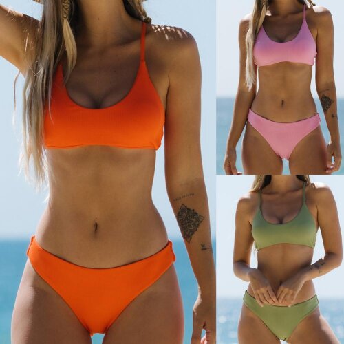 Low Waist Solid Color Padded Ribbing Bra Briefs Split Bathing Suit Bikini Set Beachwear for Swimming Pool