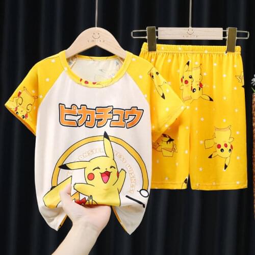 Pokemon Short Sleeve Kids Boys Girls Pajamas Set Pikachu Pajamas Tee Shirt Children Summer Homewear Cotton Clothes Sleepwears