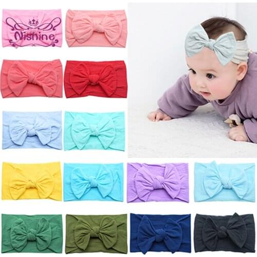 Nishine 15*9 CM Soft Comfortable Children Nylon Headband Solid Color Handmade Bowknot Wide Elastic Hairband Kids Accessories