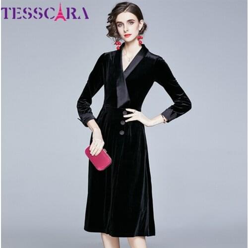 TESSCARA Women Autumn & Winter Elegant Velvet Dress Festa High Quality Long Office Party Robe Femme Vintage Designer Vestidos