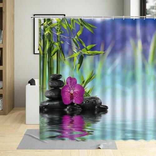 Zen Shower curtain 3D Painting Purple Orchid Green Bamboo Stone Candle Home Bathroom With Hook Decorative Machine washable