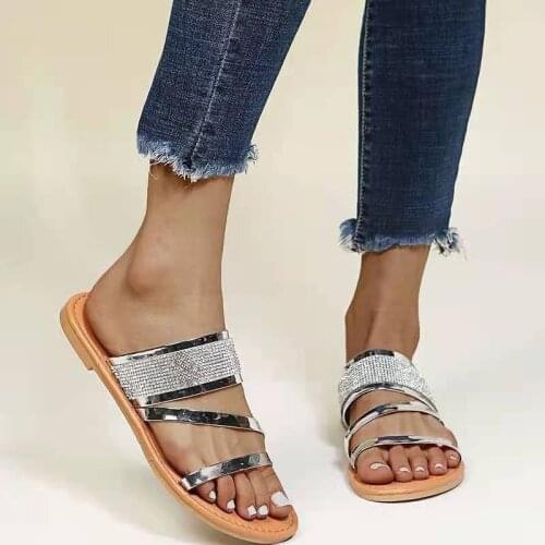 Women Flat Sandals 2021 Summer New Bling Rhinestone Open Toe Ladies Comfortable Slippers Plus Size Female Casual Shoes