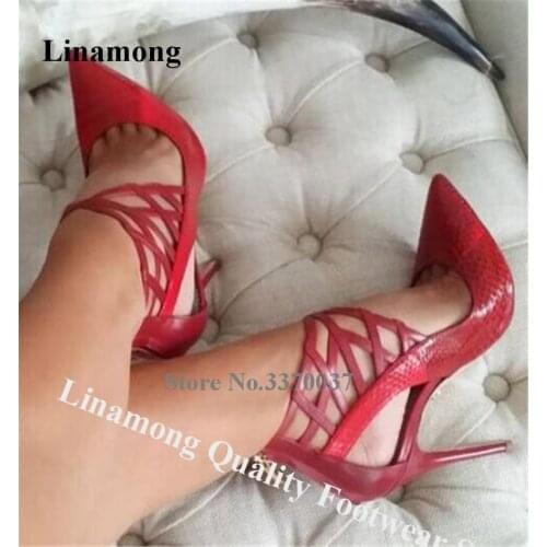 Linamong Elegant Fashion Pointed Toe Stiletto Heel Snake Leather Pumps Ankle Wrap Back Zipper-up High Heels Formal Dress Shoes