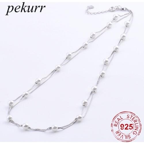Pekurr 925 Sterling Silver 20pcs White Shell Pearl Necklaces For Women Double Box Chain Pendants Fashion Jewelry Gifts