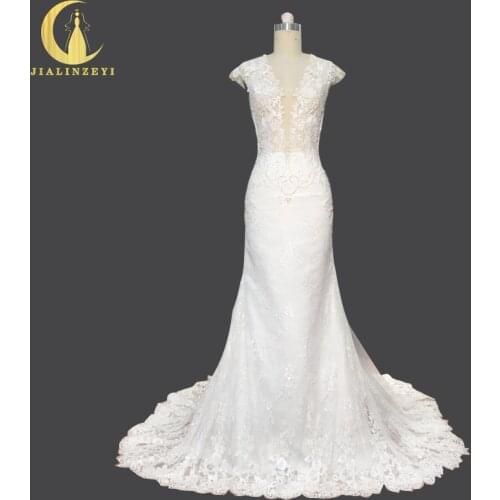 Rhine Real Sample Lace Deep V Neck with Pearls Sexy Back Mermaid Court Train Bridal Wedding Dresses Wedding Gown
