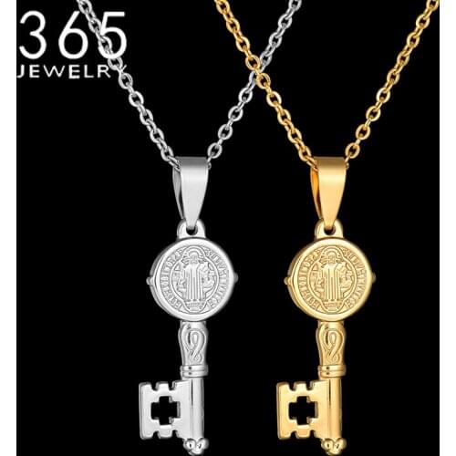 2018 Hot New Stainless Steel Saint Benedict Medal Necklace Gold Color Key Pendant Necklace Drop Shipping