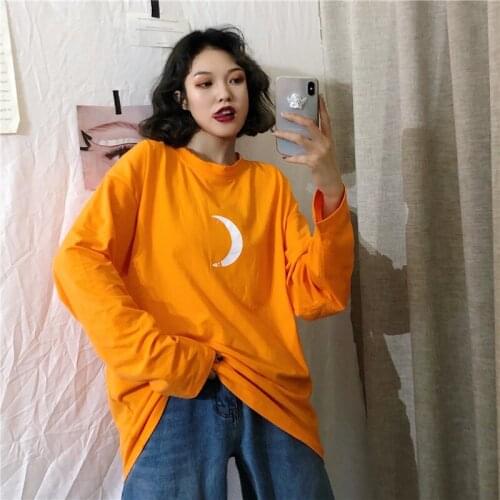2019 Summer Cute Moon printing T-shirt korean Style Short Sleeve tee Tops harajuku Kawaii Loose Orange tshirt Womens T-shirts