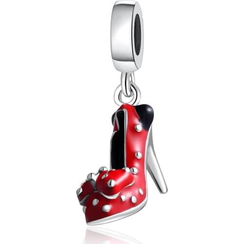 Authentic S925 Stiletto Dangle Charm, Red Enamel Beads fit Lady Bracelet Bangle For Women DIY Jewelry