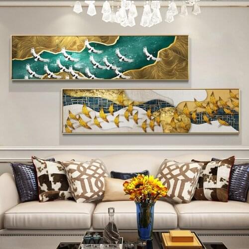 White and bright moon with flying Green Birds smooth line Modern Wall Art Picture Canvas for porch hotel room painting Decorate