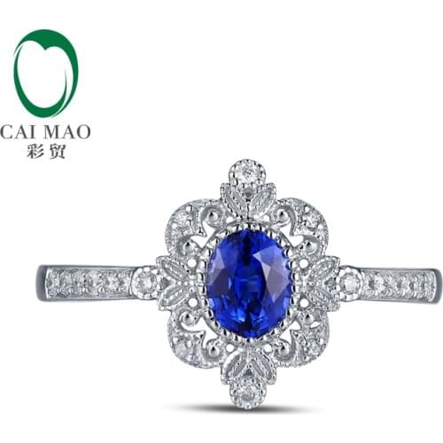 CaiMao Vintage 0.50ct Blue Sapphire Pave Set Diamond 14K White Gold Retro Engagement Ring