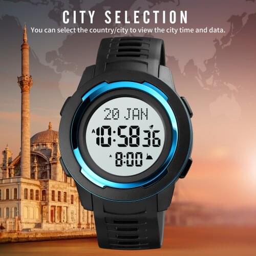 SKMEI Sports Wach Man Digital Qibla Mens Watches Men Wristwatches Muslim Compass Qibla Direction City Selection Clock Male reloj
