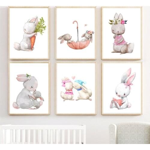 Color Cartoon Animal Umbrella Rabbit Balloon Wall art Canvas Painting Poster Home Kids Room Wall Nursery Decoration