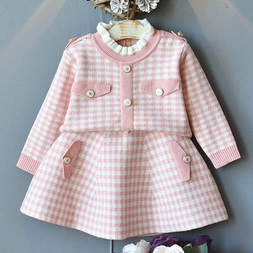 Kids Clothes Girls Christmas Outfit Plaid Knitted Sweater + Skirt 2pcs Toddler Autumn Winter Clothes Children Clothing Sets