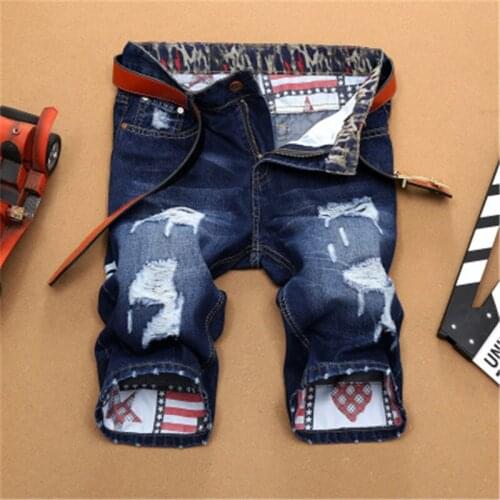 New summer jeans mens trousers ripped holes mens denim mens straight stretch five-point pants