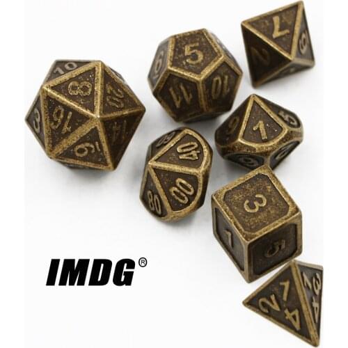 IMDG 7pcs/set Creative RPG Game Dice Polyhedron Metal Dice DND Carving Bronze Color Digital Game Dice
