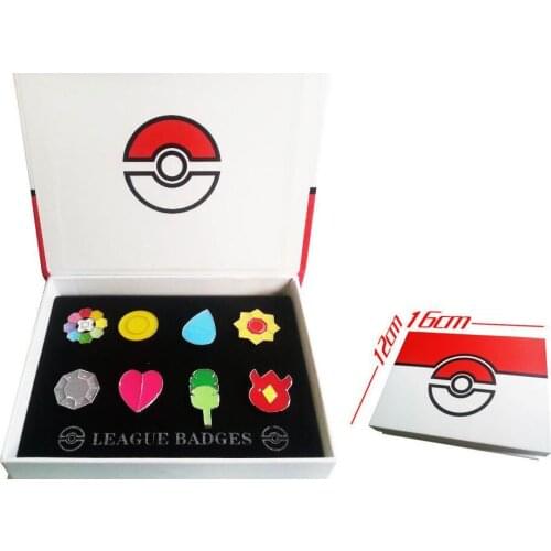 Pocket Monster Pokemen Kanto 8 Metal League Badge Pin Pip Gen Red Cosplay Prop Collection Set 8*badges+Box 12*16cm