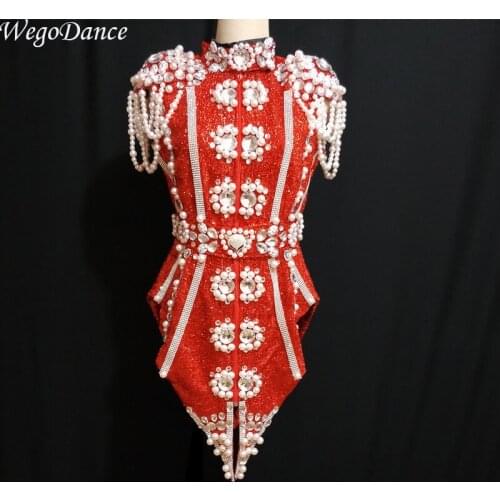 New Design Sparkly Pearls Crystals Outfit Dance Wear Party Costume red gold blue Stage Club wear Singer Dance Clothes