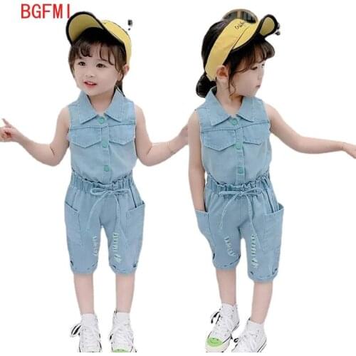 2-6 Yrs Girls Summer Set 2021 New Girl Baby Sleeveless Lapel Denim Shirt + Five-point Hole Pants Boys 2pcs Suit Birthday Outfit