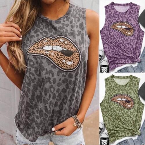 Fashion Leopard Print Background Lip Print T-Shirt Women Casual Loose Vest Summer Hot Sale