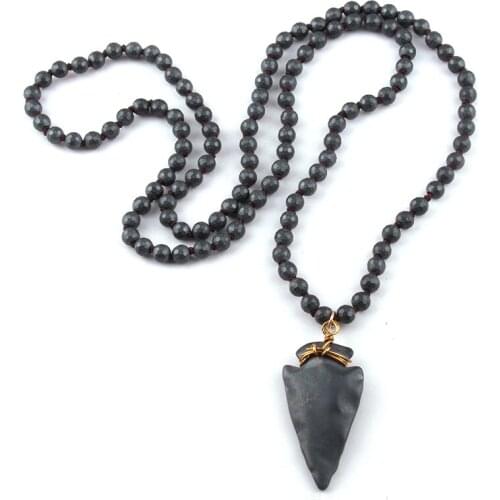 Fashion Jewelry 6mm Faceted Hematite Stone Knotted Hematite Stone Arrowhead Pendant Necklace Women Lariat Necklaces