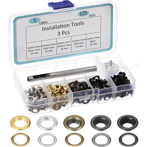 Uxcell Grommet Tool Kit 125 Sets Copper Eyelets with 3 Tools, 5 Colors 5mm Inside Dia