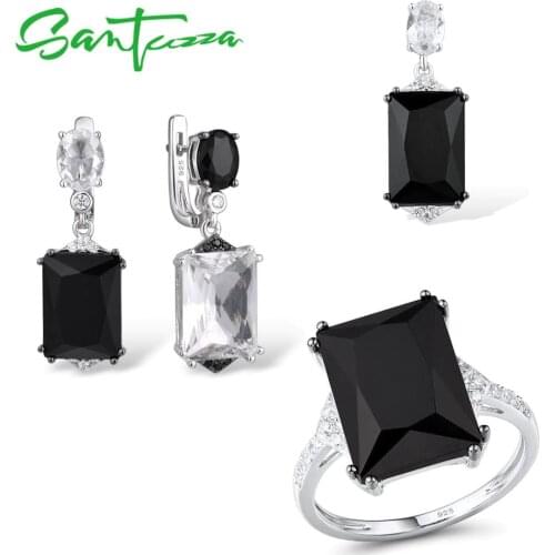SANTUZZA Silver Jewelry Set For Women 925 Sterling Silver Shiny Black Glass Earrings Pendant Ring Set Trendy Party Fine Jewelry