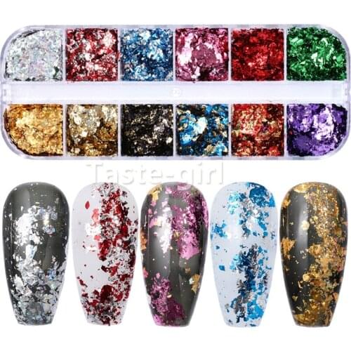 12 Colors Irregular Aluminum Foil Paper Nail Art Sticker 3D Glitter Powder DIY Manicure UV Gel Polish Nail Decoration Tools