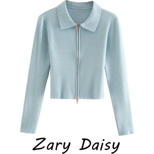 Zary daisy2020 autumn new womens fashion all-match thin solid color polo collar double zipper knitted cardigan